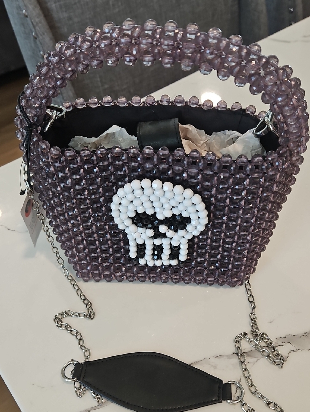 Beaded Skull Accent Handbag in Lavender with Chain Strap